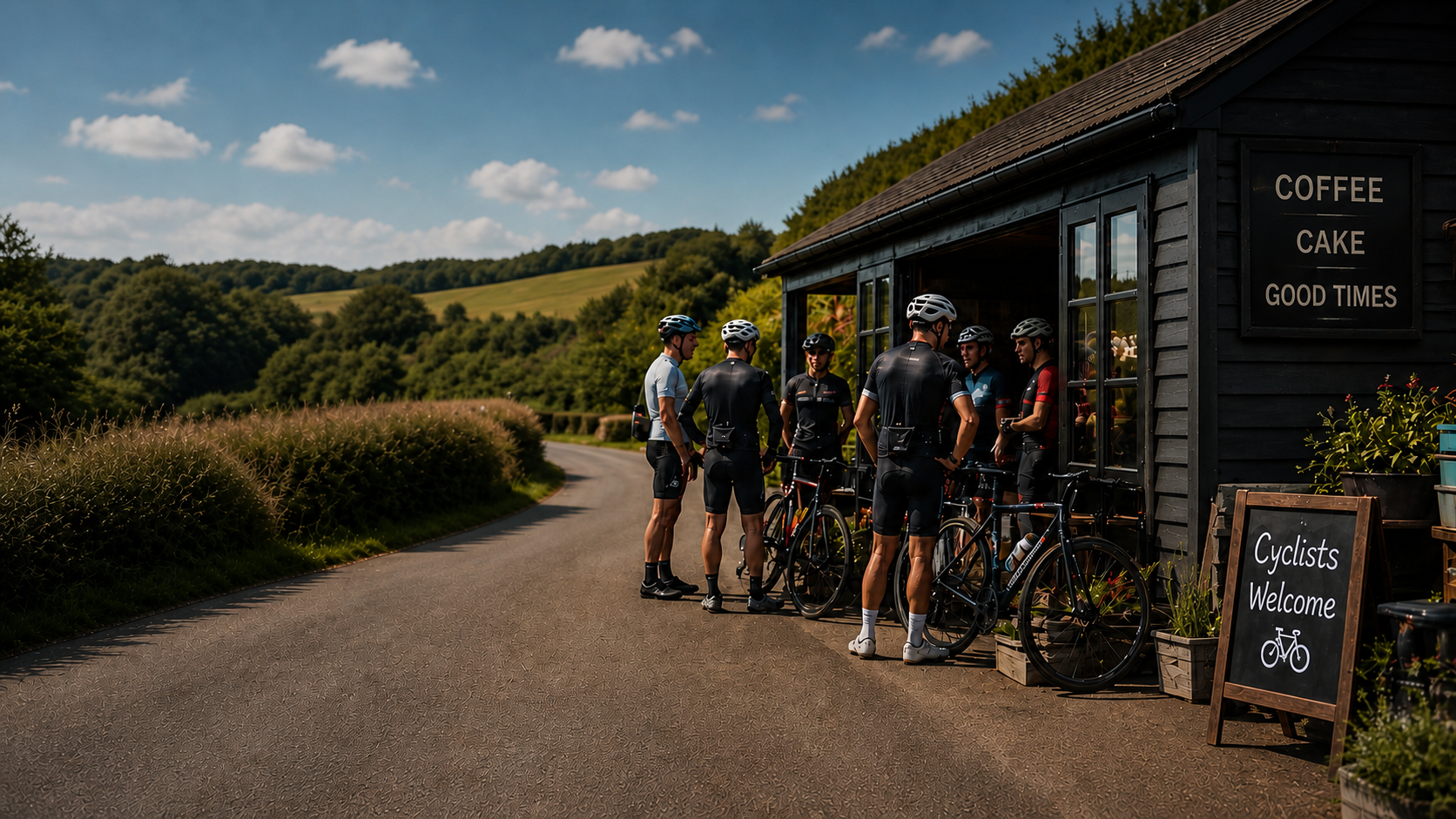 Cyclists gathered outside a Warwickshire café